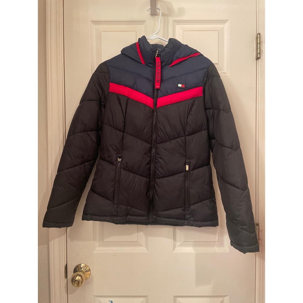 Tommyโ Hilfiger Sport Puffer Jacket Hooded Navy Red Black Women's Size Medium